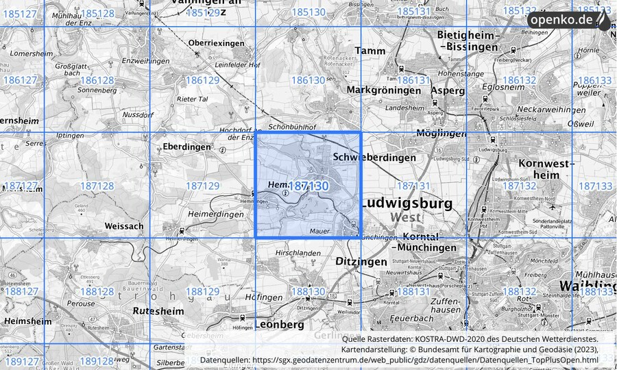 Übersichtskarte des KOSTRA-DWD-2020-Rasterfeldes Nr. 187130