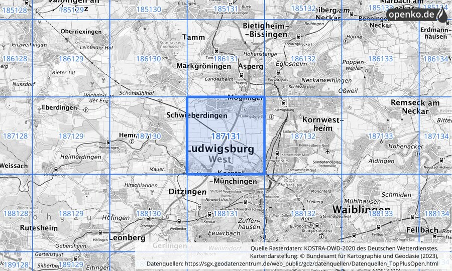 Übersichtskarte des KOSTRA-DWD-2020-Rasterfeldes Nr. 187131