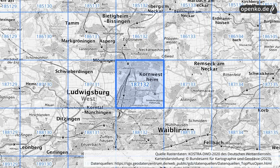 Übersichtskarte des KOSTRA-DWD-2020-Rasterfeldes Nr. 187132