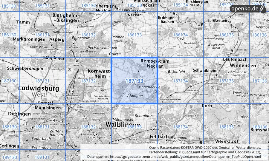 Übersichtskarte des KOSTRA-DWD-2020-Rasterfeldes Nr. 187133