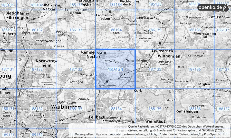 Übersichtskarte des KOSTRA-DWD-2020-Rasterfeldes Nr. 187134