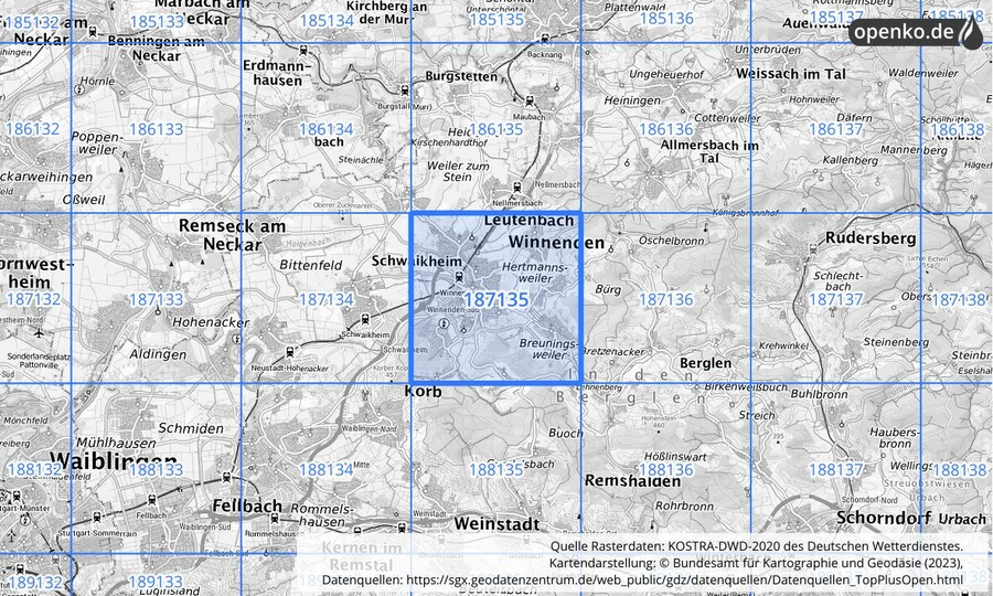 Übersichtskarte des KOSTRA-DWD-2020-Rasterfeldes Nr. 187135