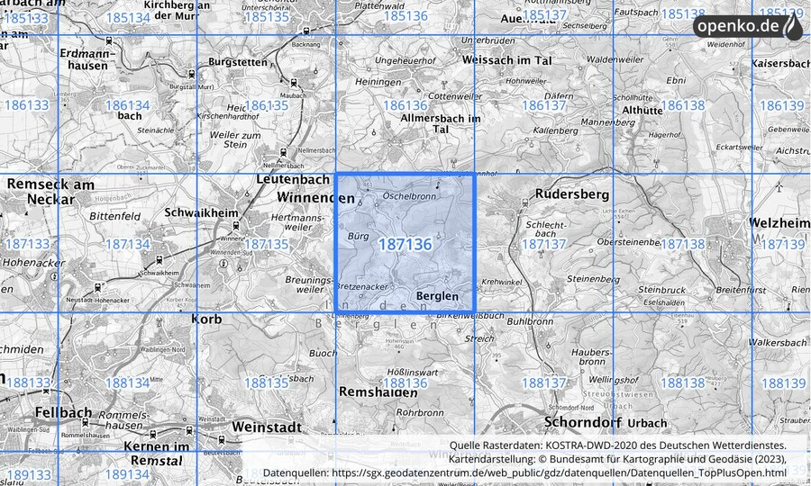 Übersichtskarte des KOSTRA-DWD-2020-Rasterfeldes Nr. 187136