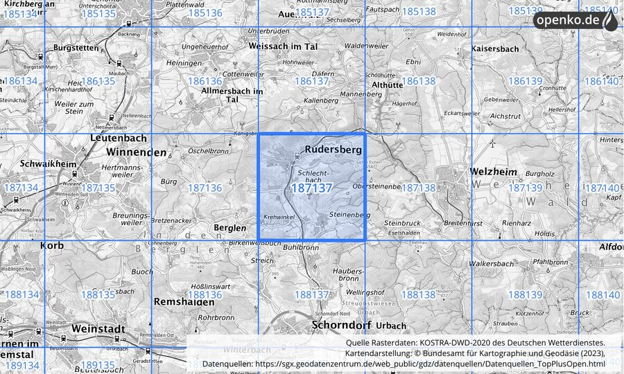 Übersichtskarte des KOSTRA-DWD-2020-Rasterfeldes Nr. 187137