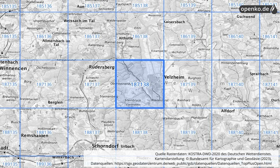 Übersichtskarte des KOSTRA-DWD-2020-Rasterfeldes Nr. 187138