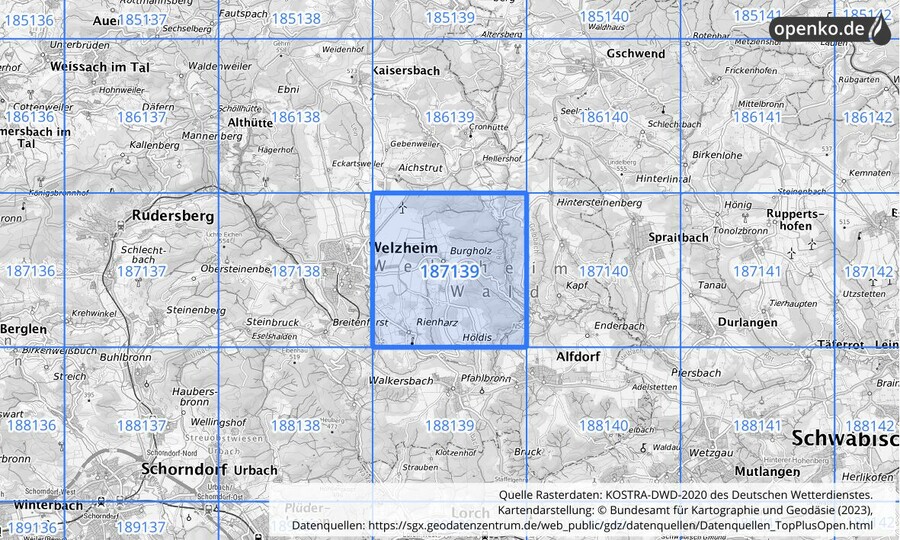 Übersichtskarte des KOSTRA-DWD-2020-Rasterfeldes Nr. 187139