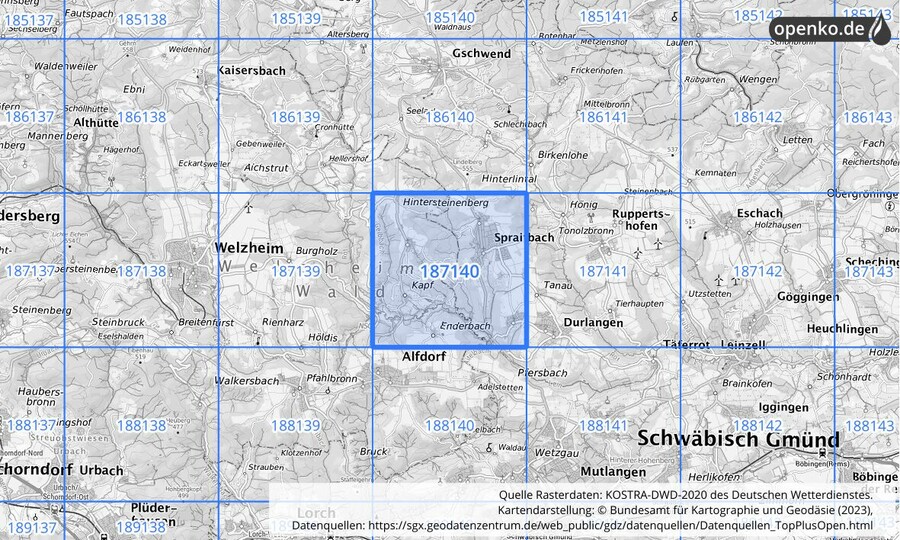 Übersichtskarte des KOSTRA-DWD-2020-Rasterfeldes Nr. 187140