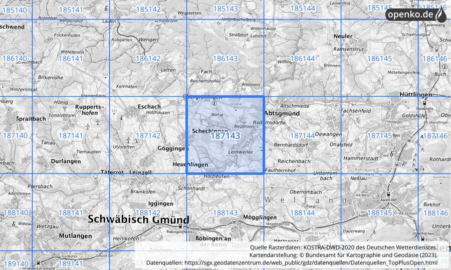 Übersichtskarte des KOSTRA-DWD-2020-Rasterfeldes Nr. 187143