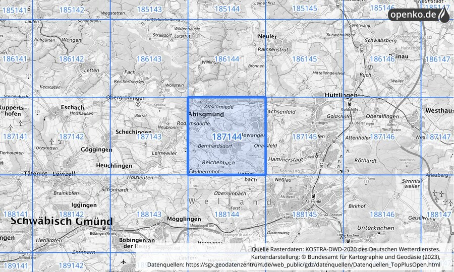 Übersichtskarte des KOSTRA-DWD-2020-Rasterfeldes Nr. 187144