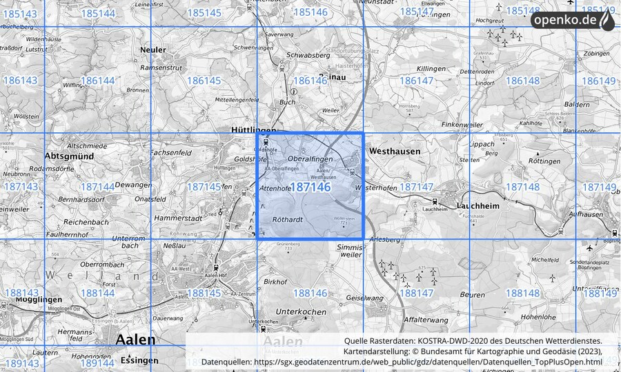 Übersichtskarte des KOSTRA-DWD-2020-Rasterfeldes Nr. 187146