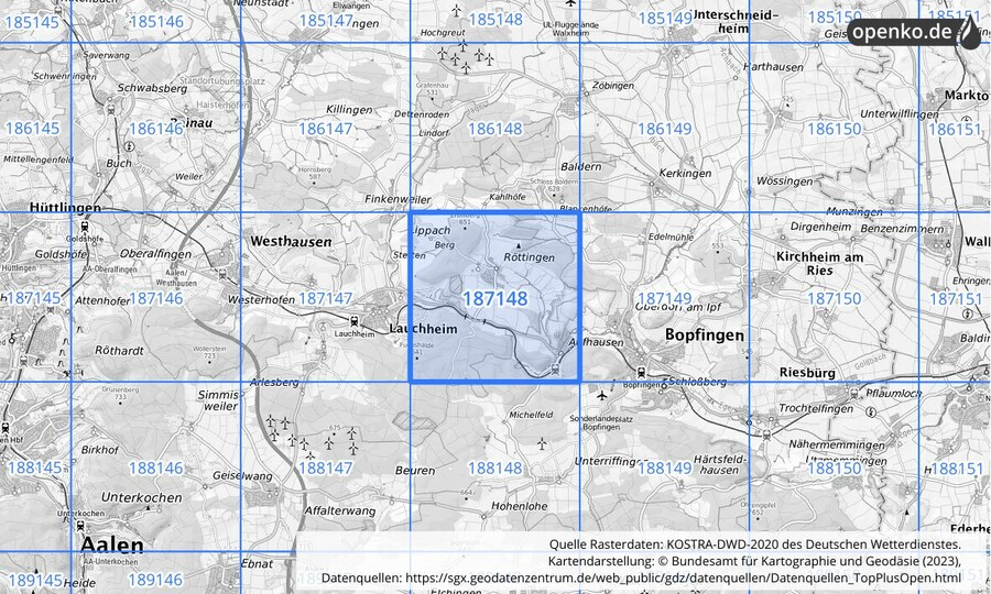 Übersichtskarte des KOSTRA-DWD-2020-Rasterfeldes Nr. 187148