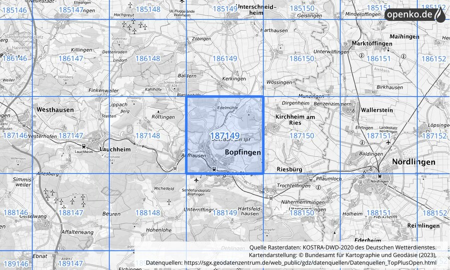 Übersichtskarte des KOSTRA-DWD-2020-Rasterfeldes Nr. 187149