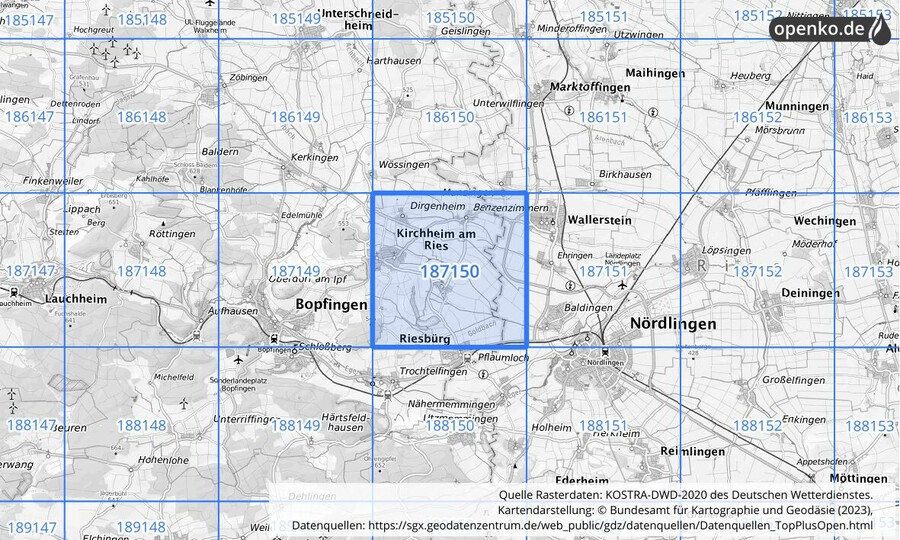 Übersichtskarte des KOSTRA-DWD-2020-Rasterfeldes Nr. 187150