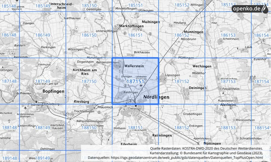 Übersichtskarte des KOSTRA-DWD-2020-Rasterfeldes Nr. 187151