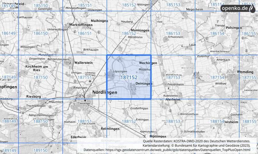 Übersichtskarte des KOSTRA-DWD-2020-Rasterfeldes Nr. 187152