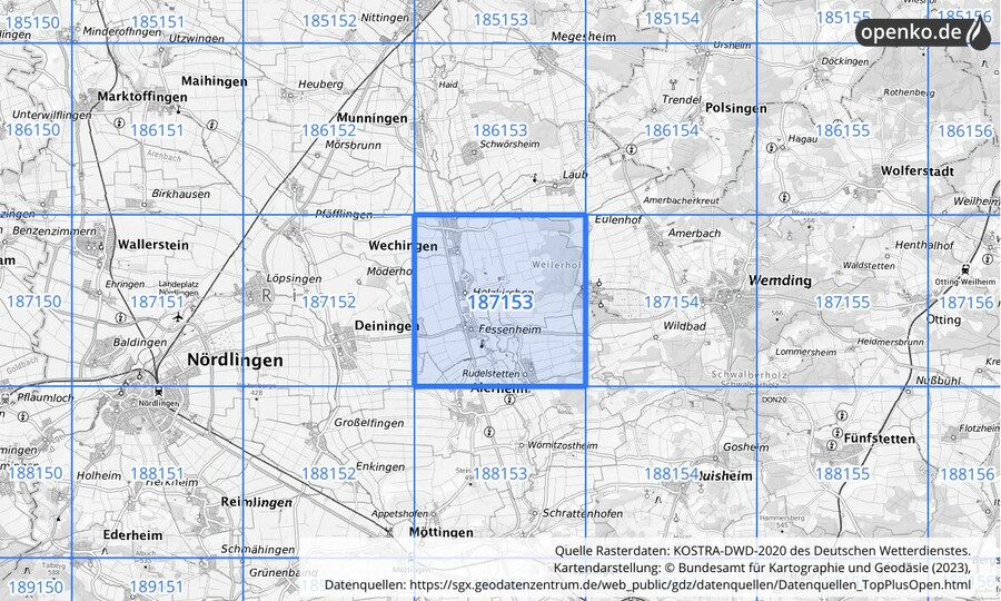 Übersichtskarte des KOSTRA-DWD-2020-Rasterfeldes Nr. 187153