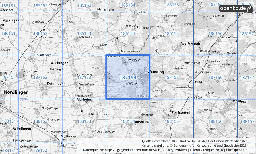 Übersichtskarte des KOSTRA-DWD-2020-Rasterfeldes Nr. 187154
