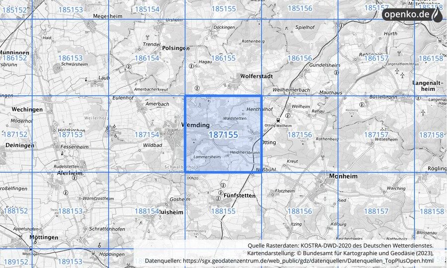 Übersichtskarte des KOSTRA-DWD-2020-Rasterfeldes Nr. 187155