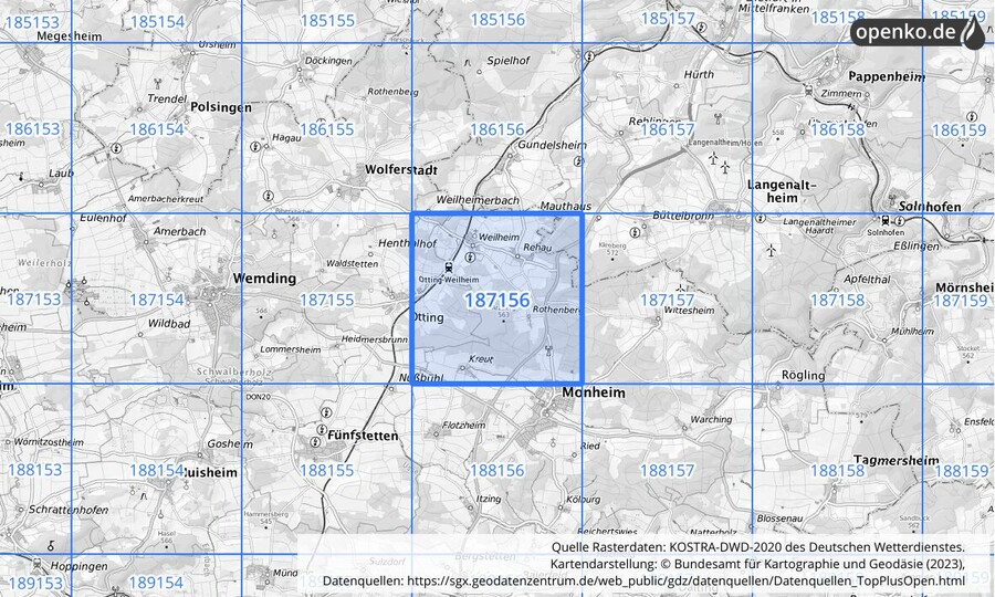 Übersichtskarte des KOSTRA-DWD-2020-Rasterfeldes Nr. 187156