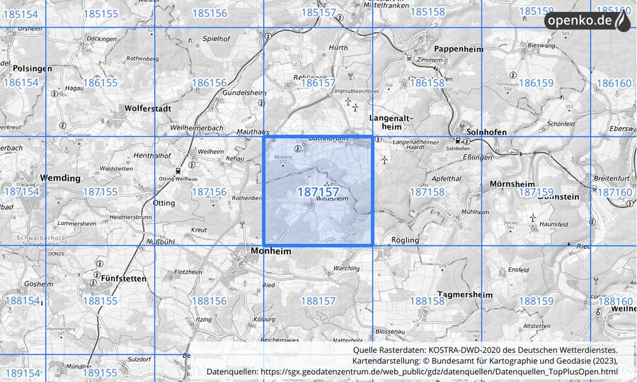 Übersichtskarte des KOSTRA-DWD-2020-Rasterfeldes Nr. 187157