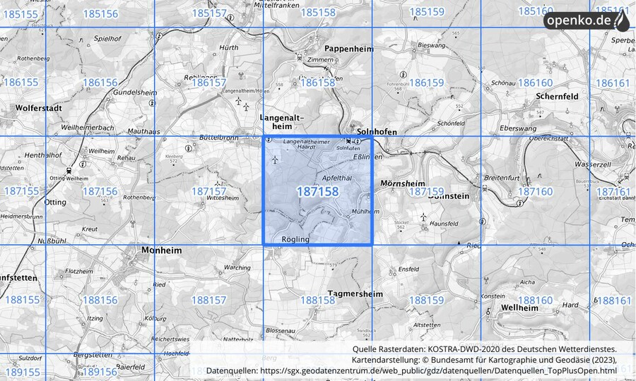 Übersichtskarte des KOSTRA-DWD-2020-Rasterfeldes Nr. 187158