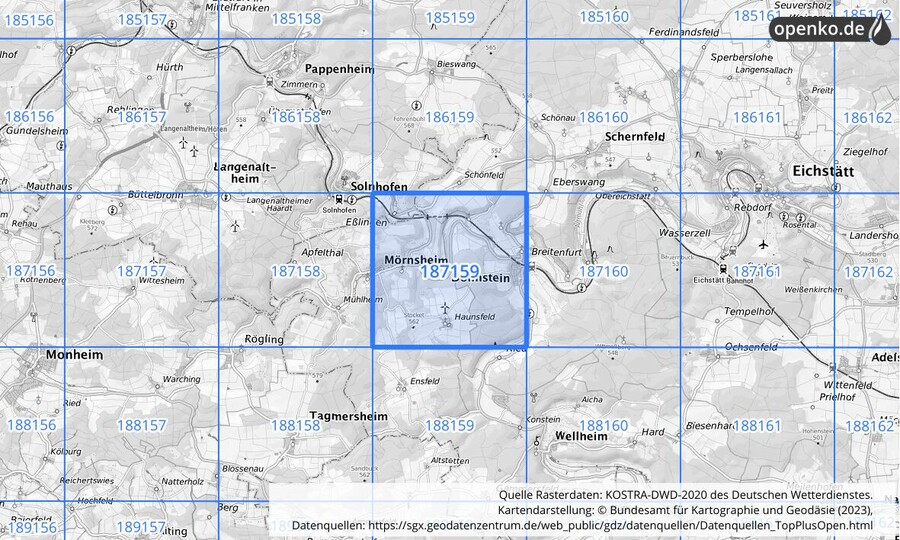 Übersichtskarte des KOSTRA-DWD-2020-Rasterfeldes Nr. 187159