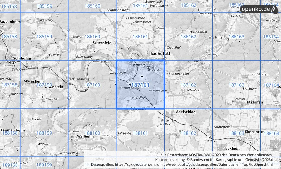 Übersichtskarte des KOSTRA-DWD-2020-Rasterfeldes Nr. 187161