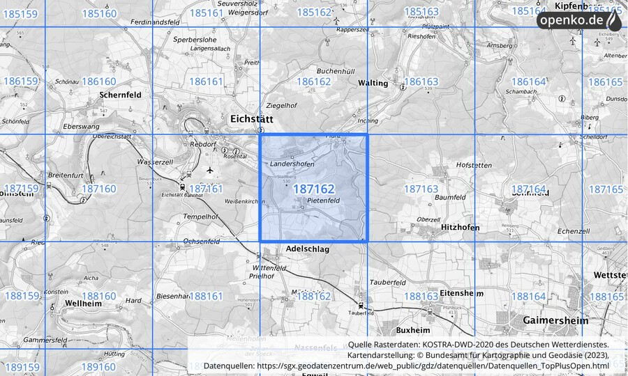 Übersichtskarte des KOSTRA-DWD-2020-Rasterfeldes Nr. 187162