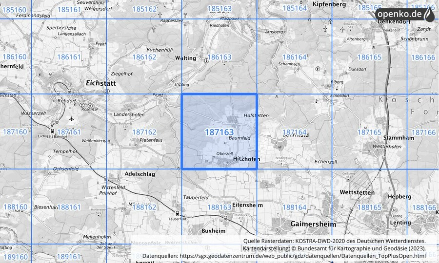 Übersichtskarte des KOSTRA-DWD-2020-Rasterfeldes Nr. 187163