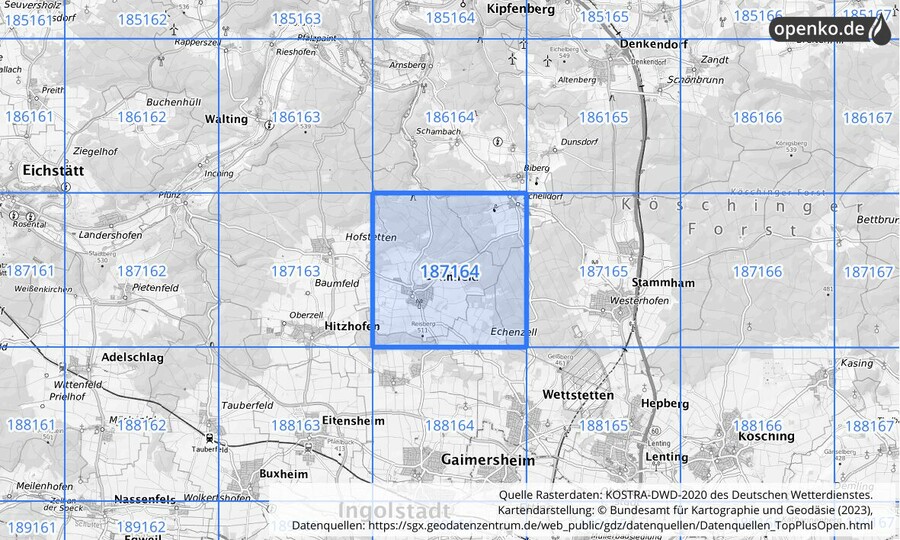 Übersichtskarte des KOSTRA-DWD-2020-Rasterfeldes Nr. 187164