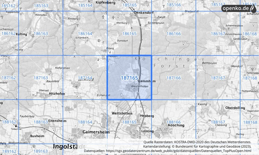 Übersichtskarte des KOSTRA-DWD-2020-Rasterfeldes Nr. 187165