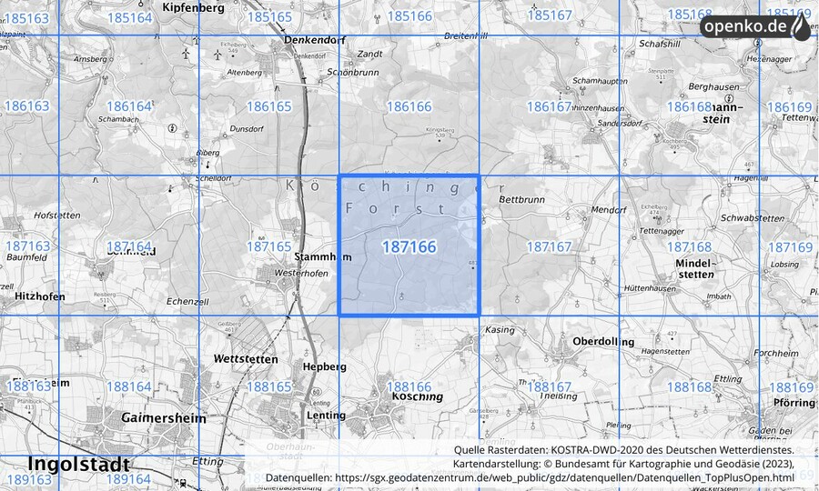 Übersichtskarte des KOSTRA-DWD-2020-Rasterfeldes Nr. 187166