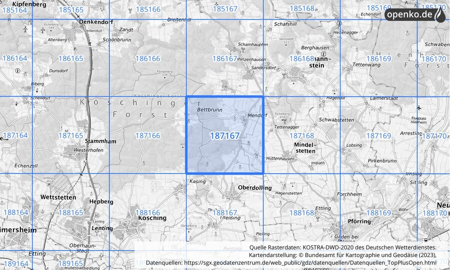 Übersichtskarte des KOSTRA-DWD-2020-Rasterfeldes Nr. 187167