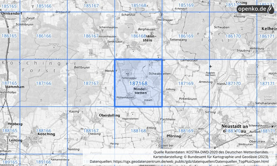 Übersichtskarte des KOSTRA-DWD-2020-Rasterfeldes Nr. 187168