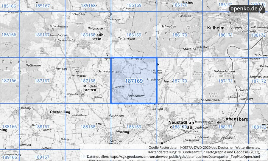 Übersichtskarte des KOSTRA-DWD-2020-Rasterfeldes Nr. 187169