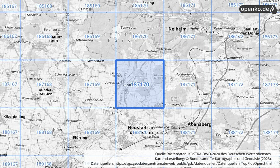 Übersichtskarte des KOSTRA-DWD-2020-Rasterfeldes Nr. 187170