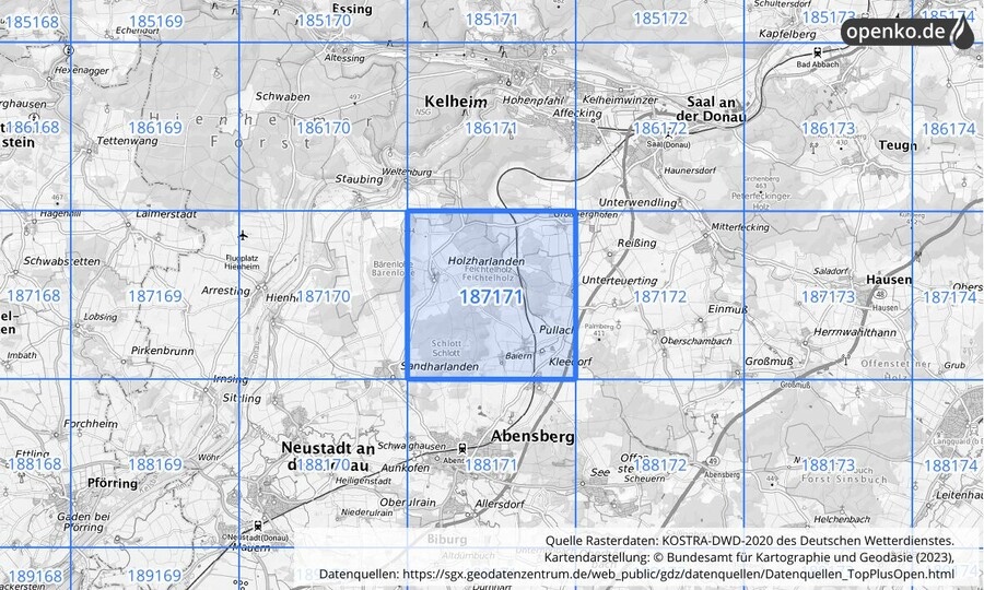 Übersichtskarte des KOSTRA-DWD-2020-Rasterfeldes Nr. 187171