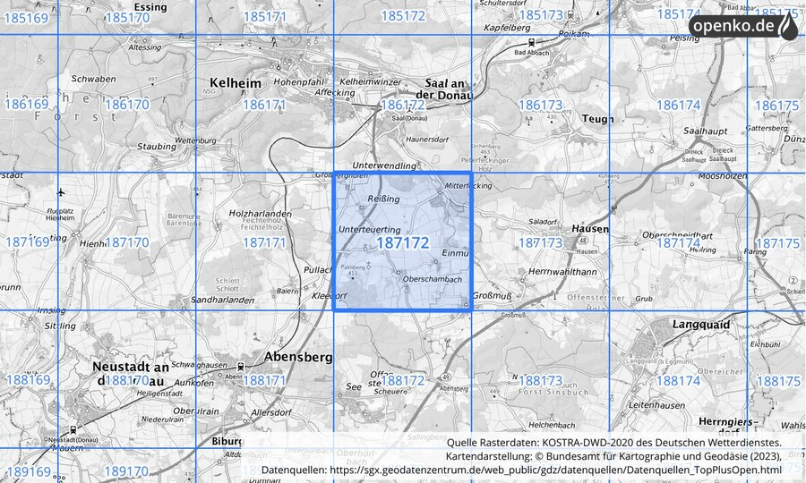 Übersichtskarte des KOSTRA-DWD-2020-Rasterfeldes Nr. 187172