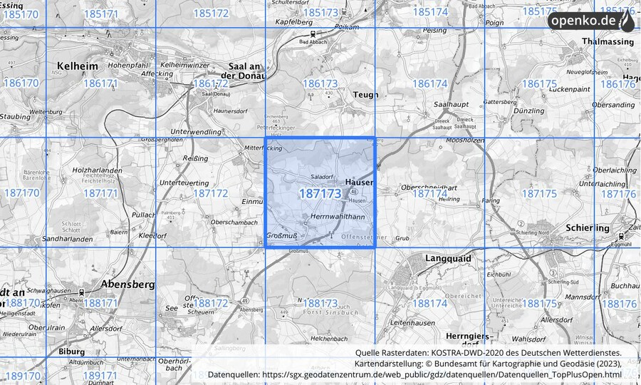 Übersichtskarte des KOSTRA-DWD-2020-Rasterfeldes Nr. 187173