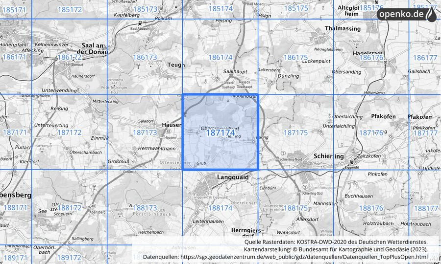 Übersichtskarte des KOSTRA-DWD-2020-Rasterfeldes Nr. 187174