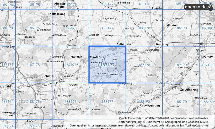 Übersichtskarte des KOSTRA-DWD-2020-Rasterfeldes Nr. 187177