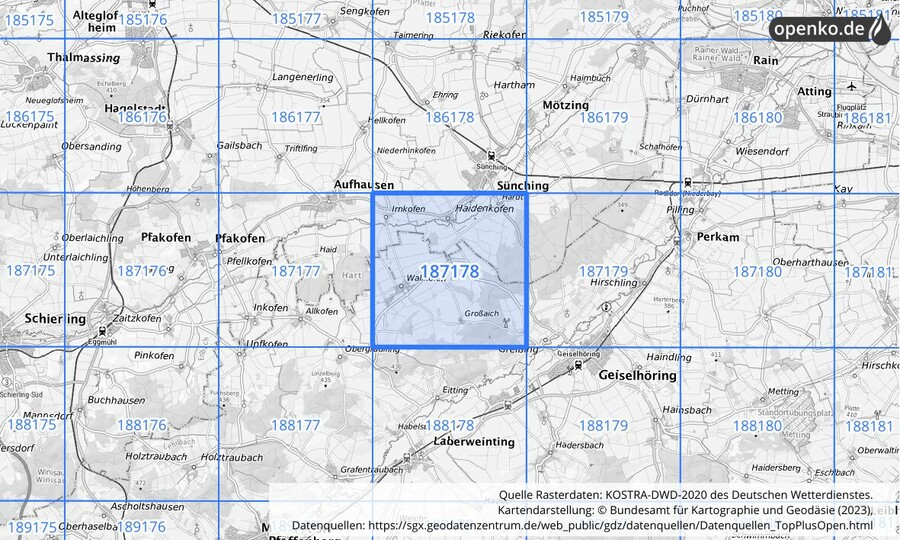 Übersichtskarte des KOSTRA-DWD-2020-Rasterfeldes Nr. 187178