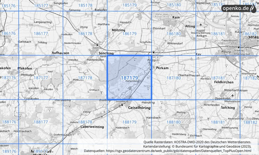 Übersichtskarte des KOSTRA-DWD-2020-Rasterfeldes Nr. 187179