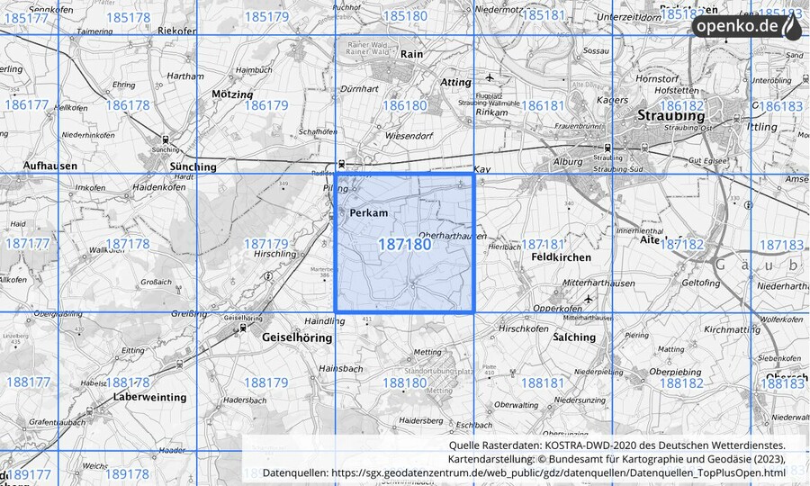 Übersichtskarte des KOSTRA-DWD-2020-Rasterfeldes Nr. 187180