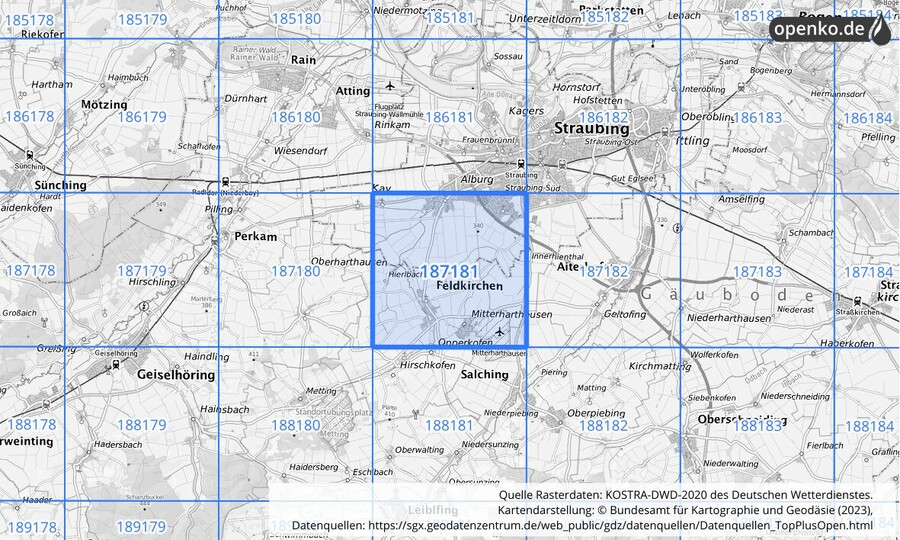 Übersichtskarte des KOSTRA-DWD-2020-Rasterfeldes Nr. 187181
