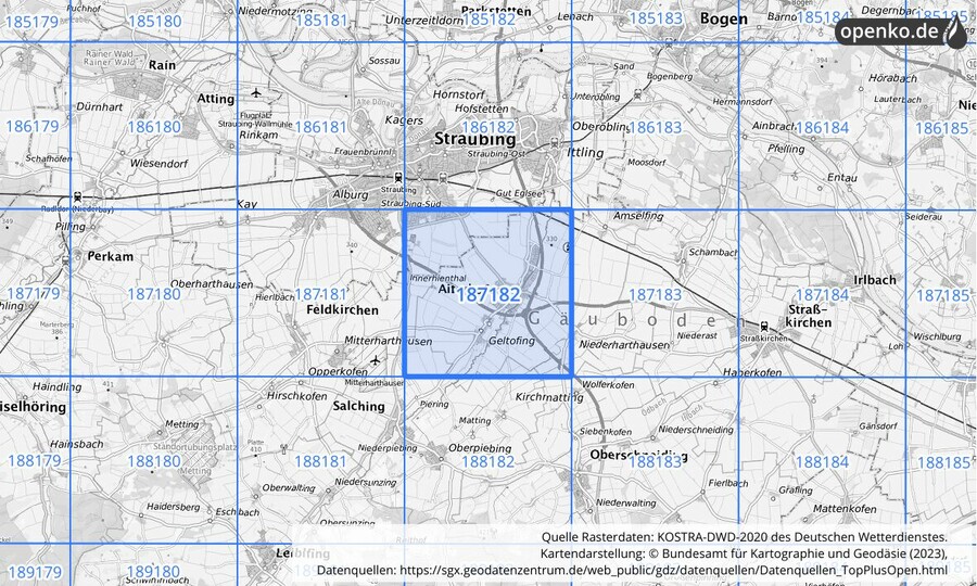 Übersichtskarte des KOSTRA-DWD-2020-Rasterfeldes Nr. 187182