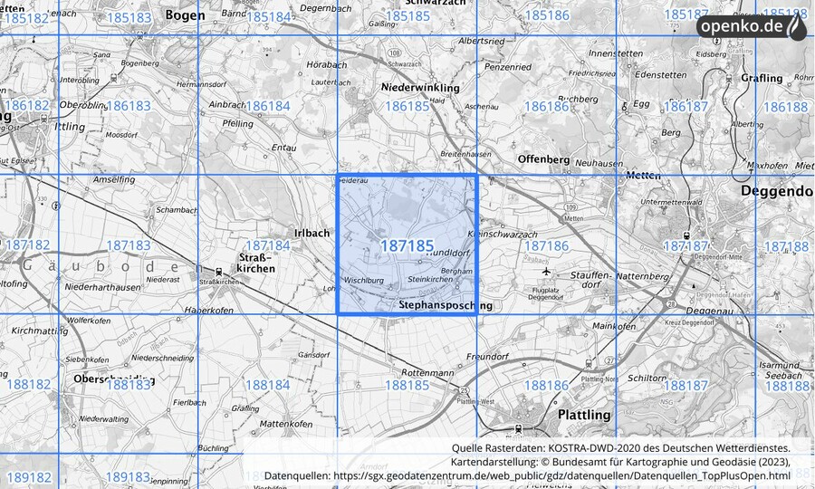 Übersichtskarte des KOSTRA-DWD-2020-Rasterfeldes Nr. 187185