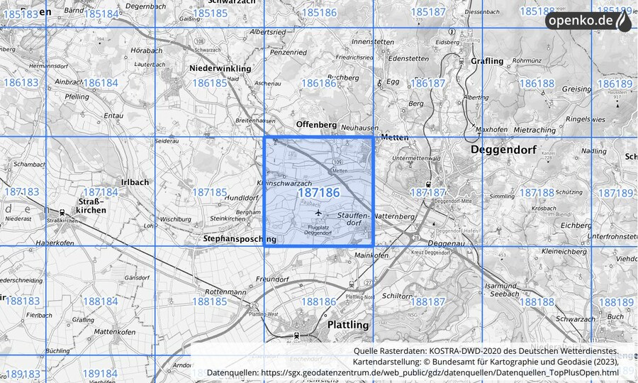 Übersichtskarte des KOSTRA-DWD-2020-Rasterfeldes Nr. 187186