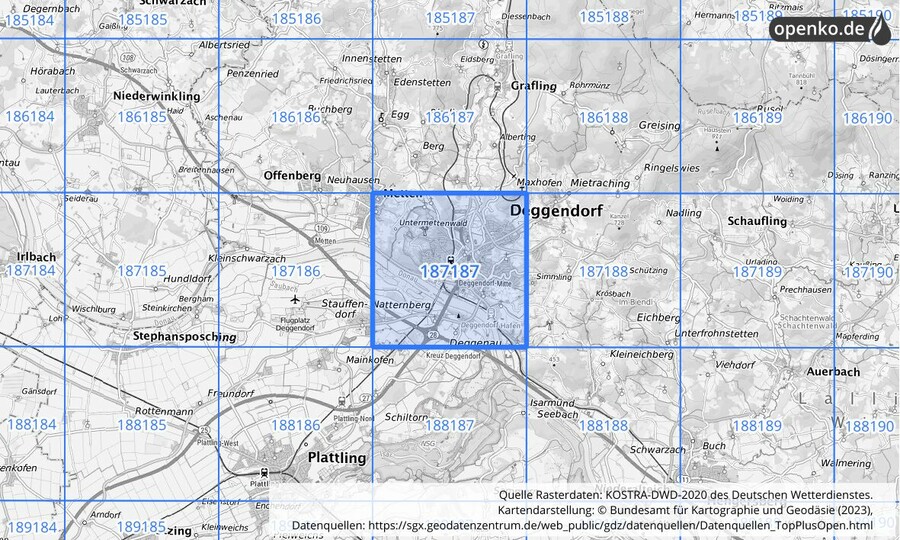 Übersichtskarte des KOSTRA-DWD-2020-Rasterfeldes Nr. 187187