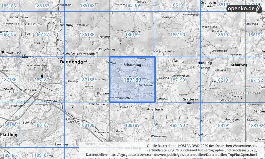 Übersichtskarte des KOSTRA-DWD-2020-Rasterfeldes Nr. 187189
